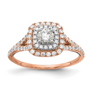 14k Rose and White Gold Double Halo (Holds 1/3 carat (4.5mm) Round Center) 1/2 carat Diamond Semi-mount Engagement Ring