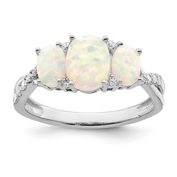  14k White Gold Lab-Created Opal and 1/8 carat Diamond 3-stone Ring