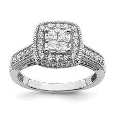 Image of 14K White Gold Square Halo Cluster 5/8 carat Princess/Round Diamond Complete Engagement Ring
