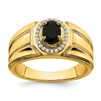 IB Goodman 14k 7x5mm Oval Onyx and 1/8 carat Diamond Halo Mens Ring