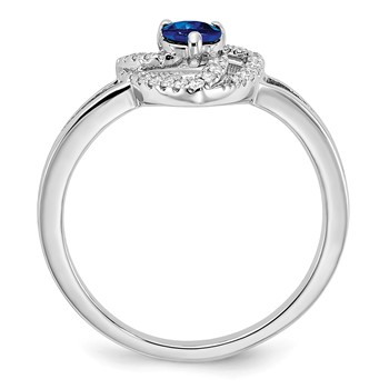 14k White Gold 4mm Round Blue Sapphire and 1/8 carat Diamond Triangle Ring — alternate view