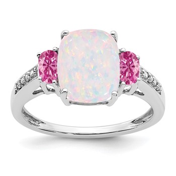  14k White Gold Lab-Created Opal/Lab-Created Pink Sapphire/Diamond Ring