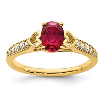 14k Polished Side Hearts 7x5mm Oval Ruby and 1/8 carat Diamond Ring