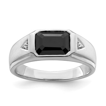 IB Goodman 14k White Gold Polished and Satin 9x7mm Octagon Onyx and Diamond Mens Ring