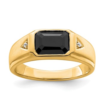 14k Yellow Gold Polished & Satin Onyx & Diamond Mens Ring