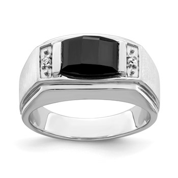 IB Goodman 14k White Gold Polished and Satin 10.5x8.2mm Barrel Onyx and Diamond Mens Ring
