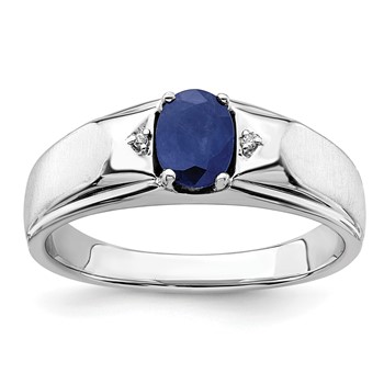 IB Goodman 14k White Gold Polished and Satin 7x5mm Oval Sapphire and Diamond Mens Ring