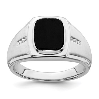 IB Goodman 14k White Gold Polished and Satin Cushion Onyx 1/15 carat Diamond Mens Ring
