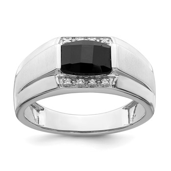 IB Goodman 14k White Gold Polished and Satin 8x6mm Barrel Onyx and Diamond Mens Ring