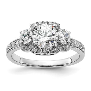 14K White 3-Stone Plus (Holds 1 carat (6.5mm) Round Center) Halo Semi-Mount Diamond Engagement Ring