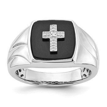 Sterling Silver Polished Onyx & Diamond Cross Men's Ring