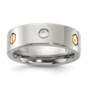 Titanium & 14ky Accent Polished Hexagon Bolt & CZ 7mm Men's Ring