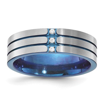 Titanium Blue-tone Polished & Brushed Triple Grooved CZ Men's Ring