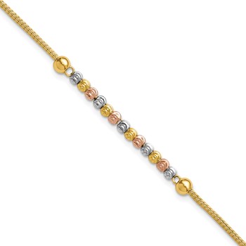 14k Tri-color Polished and D/C Beaded Mesh Bracelet