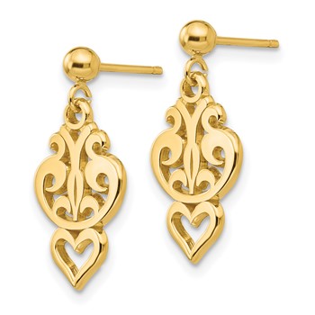 14k Polished Filigree Fancy Heart Dangle Post Earrings — alternate view