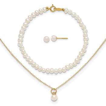 14k Madi K White Freshwater Cultured Pearl 15 inch Necklace/Post Earrings/5.5 inch Bracelet 3-piece Set