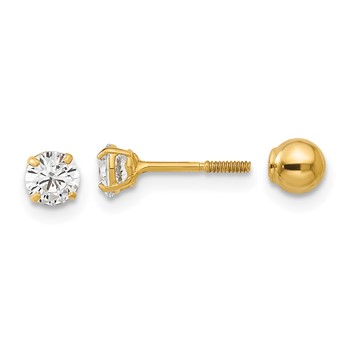 14k Madi K Polished Reversible 4mm Ball and CZ Screwback Post Earrings