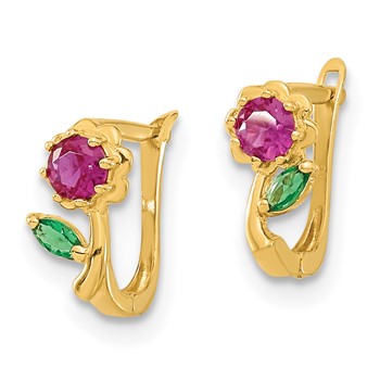 14k Madi K Polished Red and Green CZ Flower Childrens Hinged Earrings — alternate view