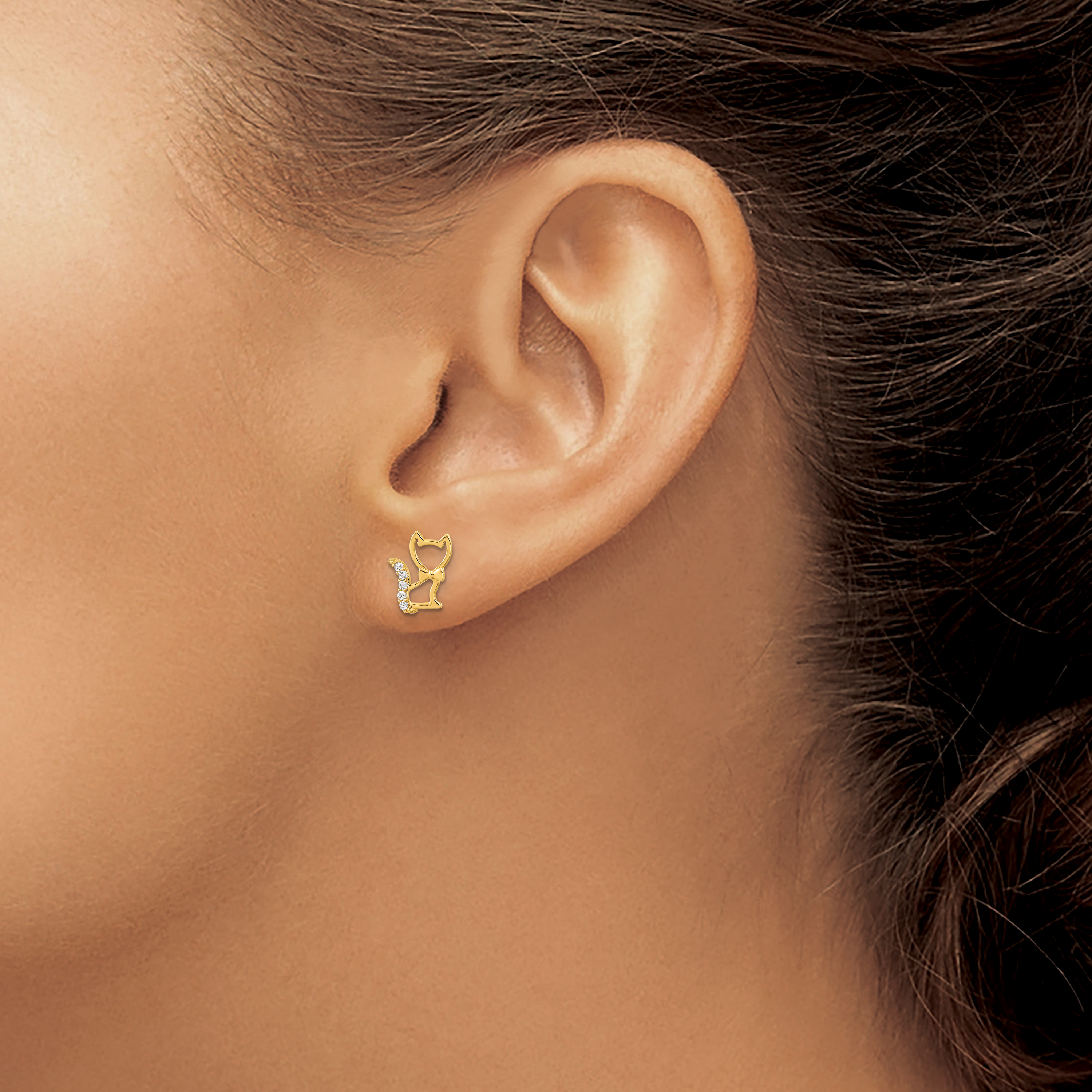 Madi K CZ Kitten with Tail Post Earrings Real 14k Yellow Gold 9.14x7.07mm Girl's product image view 4