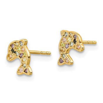 14k Madi K Multi-colored CZ Dolphin Childrens Post Earrings — alternate view