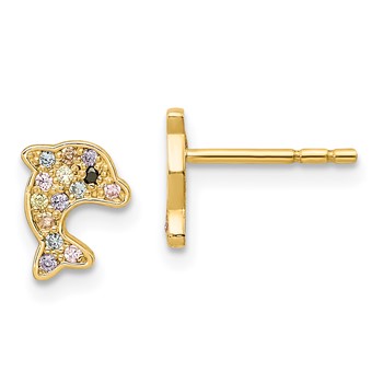 14k Madi K Multi-colored CZ Dolphin Childrens Post Earrings