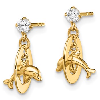 14k Madi K CZ Oval with Dolphin Dangle Post Earrings — alternate view