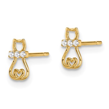 14k Madi K CZ Cat with Heart Tail Childrens Post Earrings — alternate view