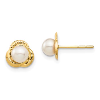 14k Madi K 4-5mm White Button Freshwater Cultured Pearl Love Knot Post Earrings with Silicone Backs