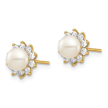14k Madi K 5-6mm White Button Freshwater Cultured Pearl and CZ Post Earrings with Silicone Backs — alternate view
