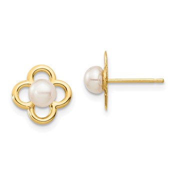 14k Madi K 4-5mm White Button Freshwater Cultured Pearl Quatrefoil Post Earrings with Silicone Backs