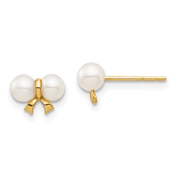 14k Madi K 3-4mm White Round FW Cultured Pearl Bow Post Earrings