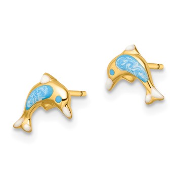 14k Madi K Polished Blue Enameled Dolphin Childrens Post Earrings — alternate view