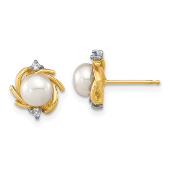 14k Madi K 5-6mm White Button Freshwater Cultured Pearl and .04 Carat Diamond Post Earrings — alternate view
