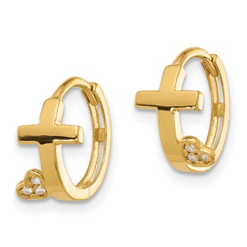 14k Madi K Polished Cross with CZ Heart Hinged Huggie Hoop Earrings — alternate view