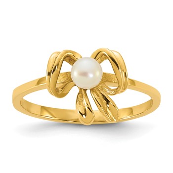 14k Madi K Polished 3-4mm Button White Freshwater Cultured Pearl Bow Size 4 Childrens Ring