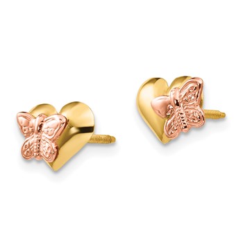 14k and Rose Rhodium Madi K Polished Butterfly Heart Childrens Screwback Earrings — alternate view