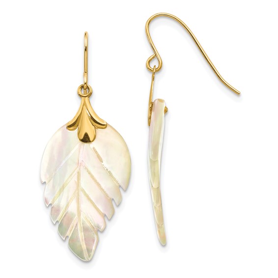 14k Gold Mother Of Pearl Leaf Dangle Earrings