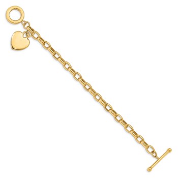 14k Engravable 26x18mm Solid Dangle Heart Charm and Hollow Chain 7.5 inch Toggle Bracelet — alternate view