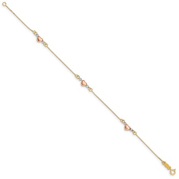 14K Tri-Color Puffed Heart 3-Station 7.25 inch Bracelet — alternate view