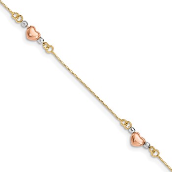 14K Tri-Color Puffed Heart 3-Station 7.25 inch Bracelet