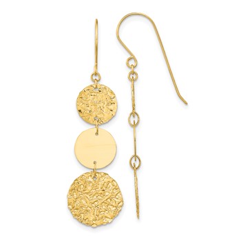 14K Polished and Textured 3-Tier Circle Drop Shepherd Hook Dangle Earrings