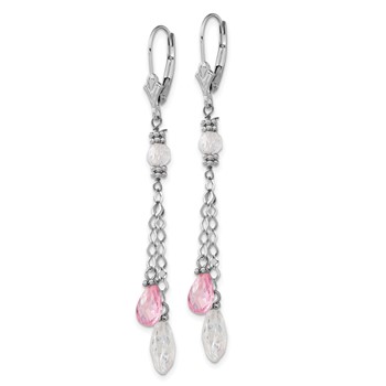 14k White Gold Polished Pink & Clear Teardrop Leverback Dangle Earrings — alternate view