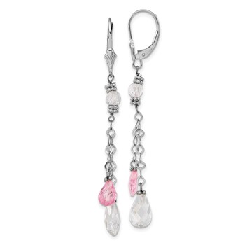 14k White Gold Polished Pink & Clear Teardrop Leverback Dangle Earrings