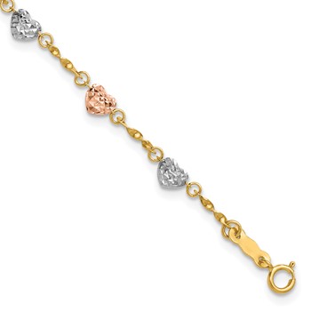 14k Tri-color Puffed Heart 6 inch Childs Bracelet