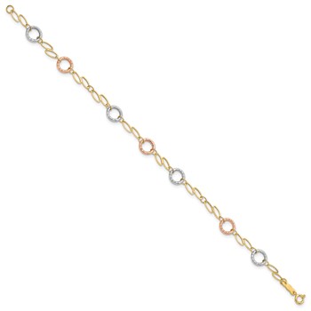 14k Tri-color Polished and Textured Round Circles and Ovals 7.25 inch Bracelet — alternate view