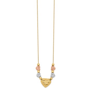 14k Tri-color Textured Puffed and Flat Hearts and Beads 18 inch Necklace — alternate view