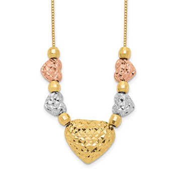 14k Tri-color Textured Puffed and Flat Hearts and Beads 18 inch Necklace