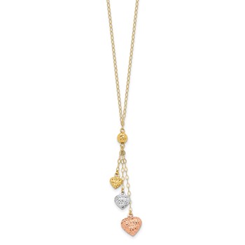 14k Tri-color Three Puffed Hearts 16 inch Lariat Necklace Plus 2 inch Extender — alternate view