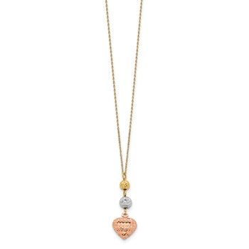 14K Tri-color Diamond-cut Beads and Puffed Heart 16 inch Necklace Plus 2 inch Extender — alternate view