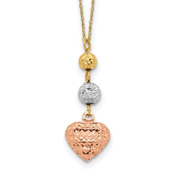 14K Tri-color Diamond-cut Beads and Puffed Heart 16 inch Necklace Plus 2 inch Extender